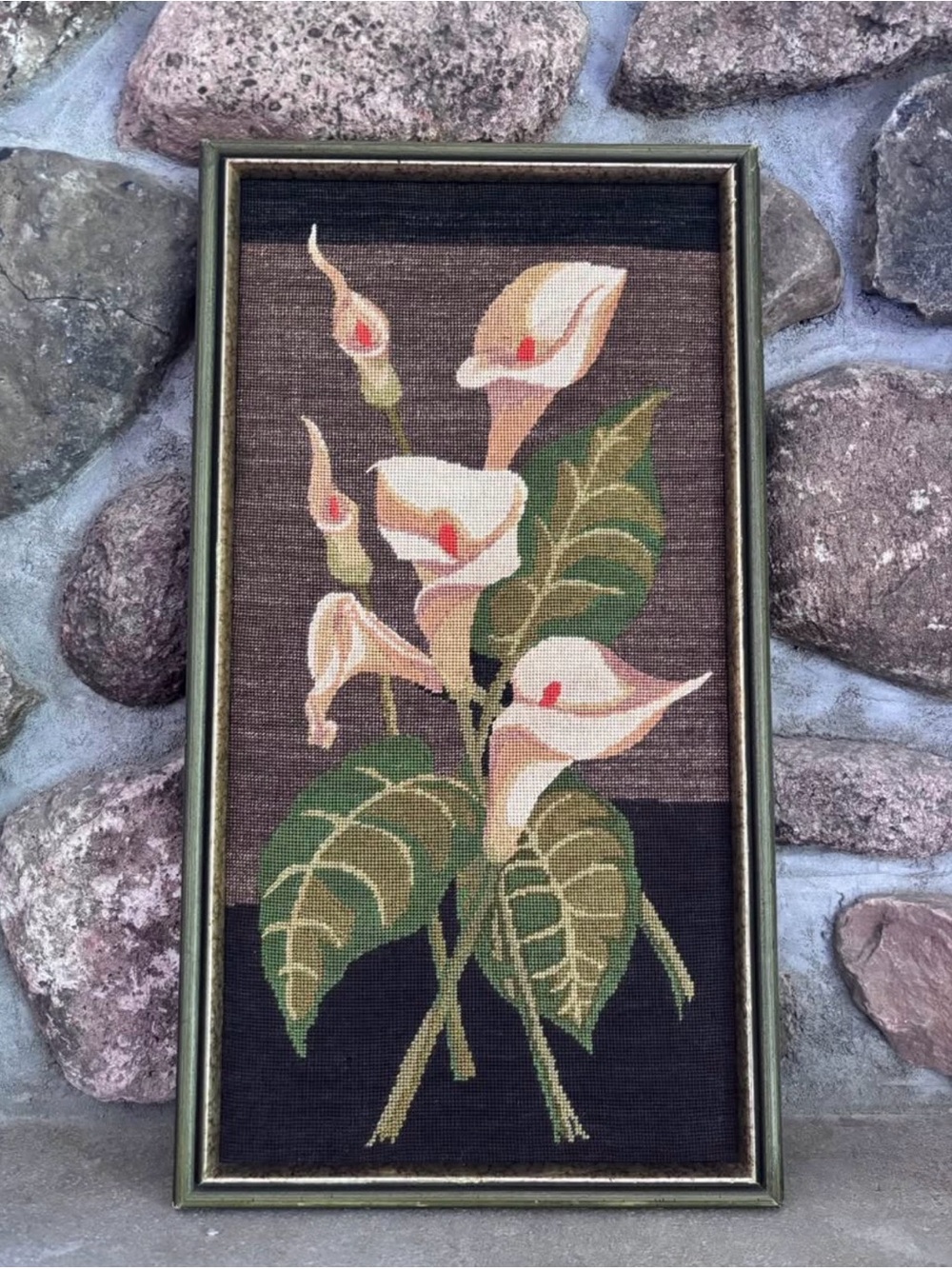 Vintage Calla Lily Broderie Needlepoint 53 x 30cm *damaged frame*